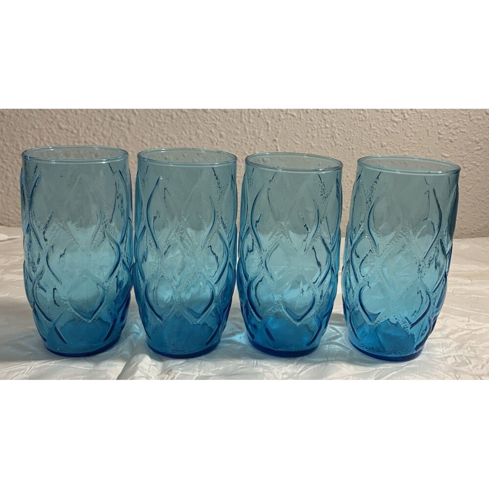 4 Vintage Anchor Hocking Blue drinking Glass Madrid Tumblers Diamond MCM